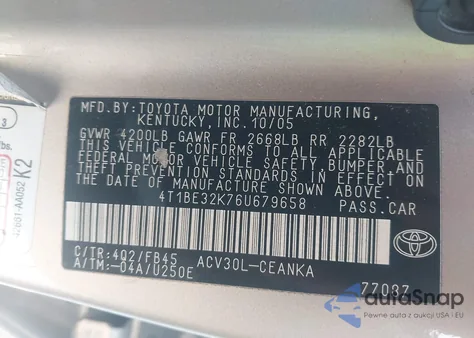 2006 Toyota Camry Le from USA, damaged, VIN 4T1BE32K76U679658